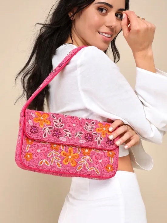 Lulus Handbags - Lulus Bold Accent Hot Pink Multi Beaded Floral Shoulder Bag